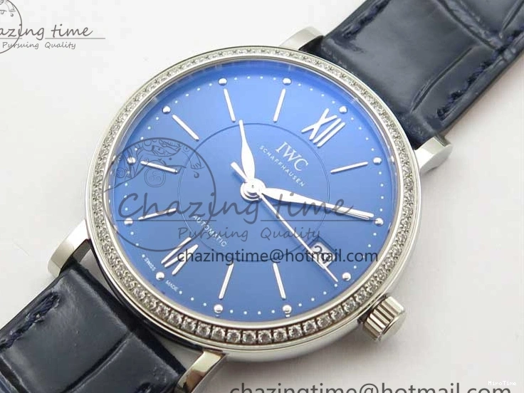 MIROTIME 1224 Portofino 37mm SS V7F 1:1 Best Edition Blue Dial Diamonds Bezel on Blue Leather Strap A Chic 7093